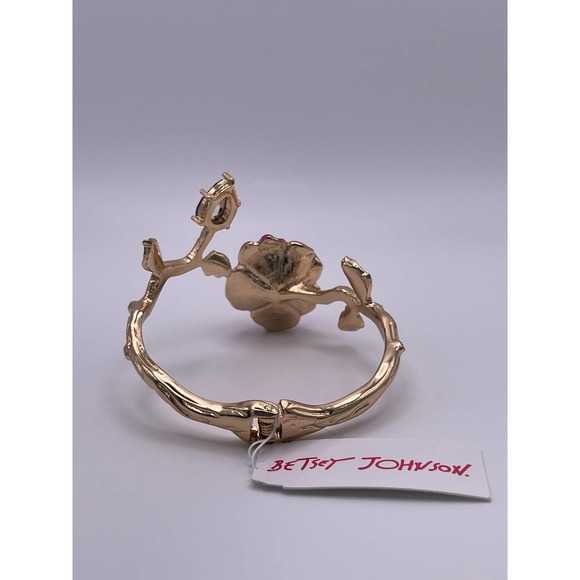 Betsey Johnson Rose Flower Faceted Crystal Hinged Bangle Bracelet Gold Tone NEW - Picture 8 of 9